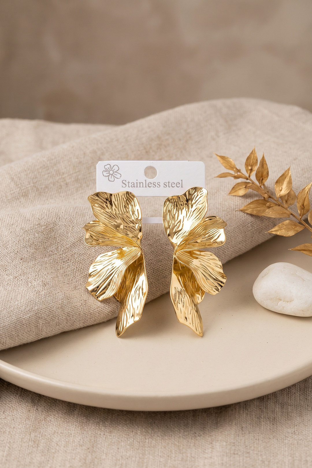 316L Çelik Gold Renk Lotus Yaprak Model Kadın Küpe 5886