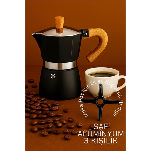 HSNET Italyan Moka Pot - 6061 Saf Alüminyum  Ahşap Saplı - 3 kişilik SİYAH 