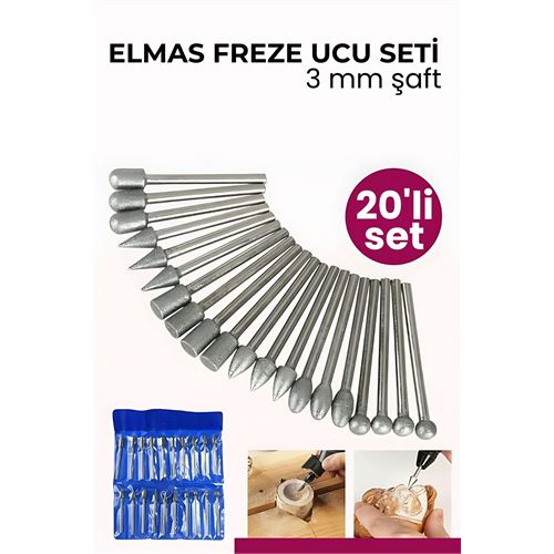 20 Parça Profesyonel Elmas Freze Ucu Seti - 3mm Şaft Gravür, Taş ve Cam İşleme Taşlama Seti 
