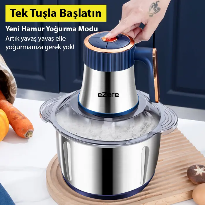 EZERE PowerChop Pro Elektrikli Paslanmaz Çelik Kollu 5 Litre Et Kıyma Makinesi Sebze Meyve Doğrayıcı Rondo Blendır-(5775)