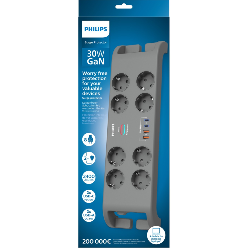 PHILIPS SPN8180GA/62 8 Soket Akım Korumalı Priz 2400 Joules 2Mt Kablo 2xUsb-C PD 20W Hızlı Şarj 2xUsb-A QC 18W (Gri)(1923)
