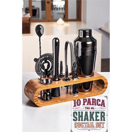 Shaker Kokteyl Set - 10 Parça 750 ML Shaker Coctail Set  Bambu Standlı 