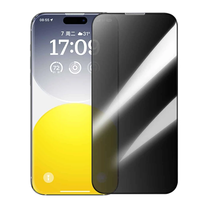 Baseus Crystal iPhone 15 Privacy Full Koruma Tempered Cam Ekran Koruyucu 2 Adet Set-(1903)