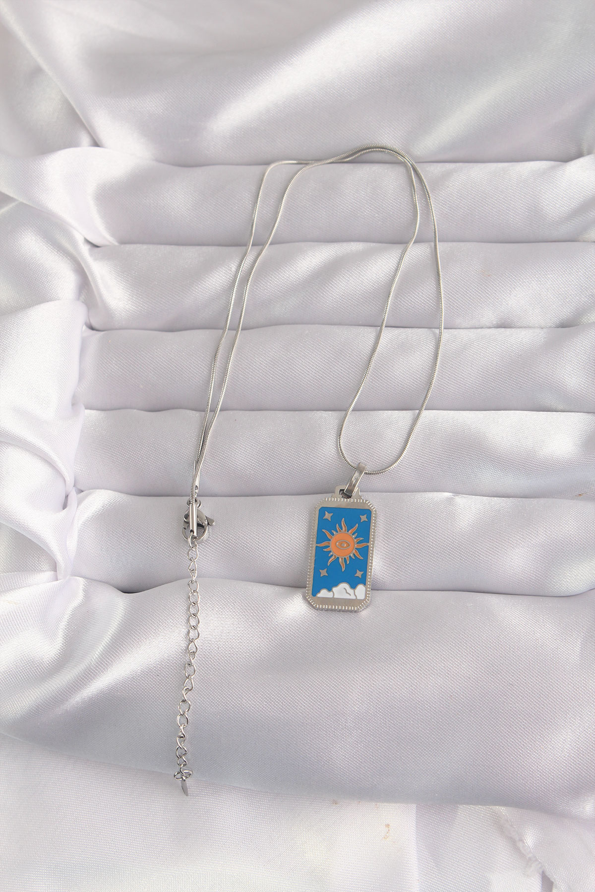 316L Çelik Gümüş Renk Mavi Mineli Güneş Model Tarot Kolye 5886