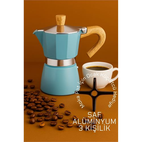 HSNET Italyan Moka Pot - 6061 Saf Alüminyum  Ahşap Saplı - 3 kişilik MAVİ 