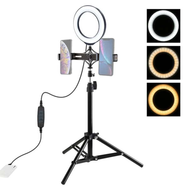 PULUZ 70CM Çift Telefon tutucu 6.2CM Led Işık Stand Youtuber,Canlı Yayın Selfie TikTok Makeup-(1903)