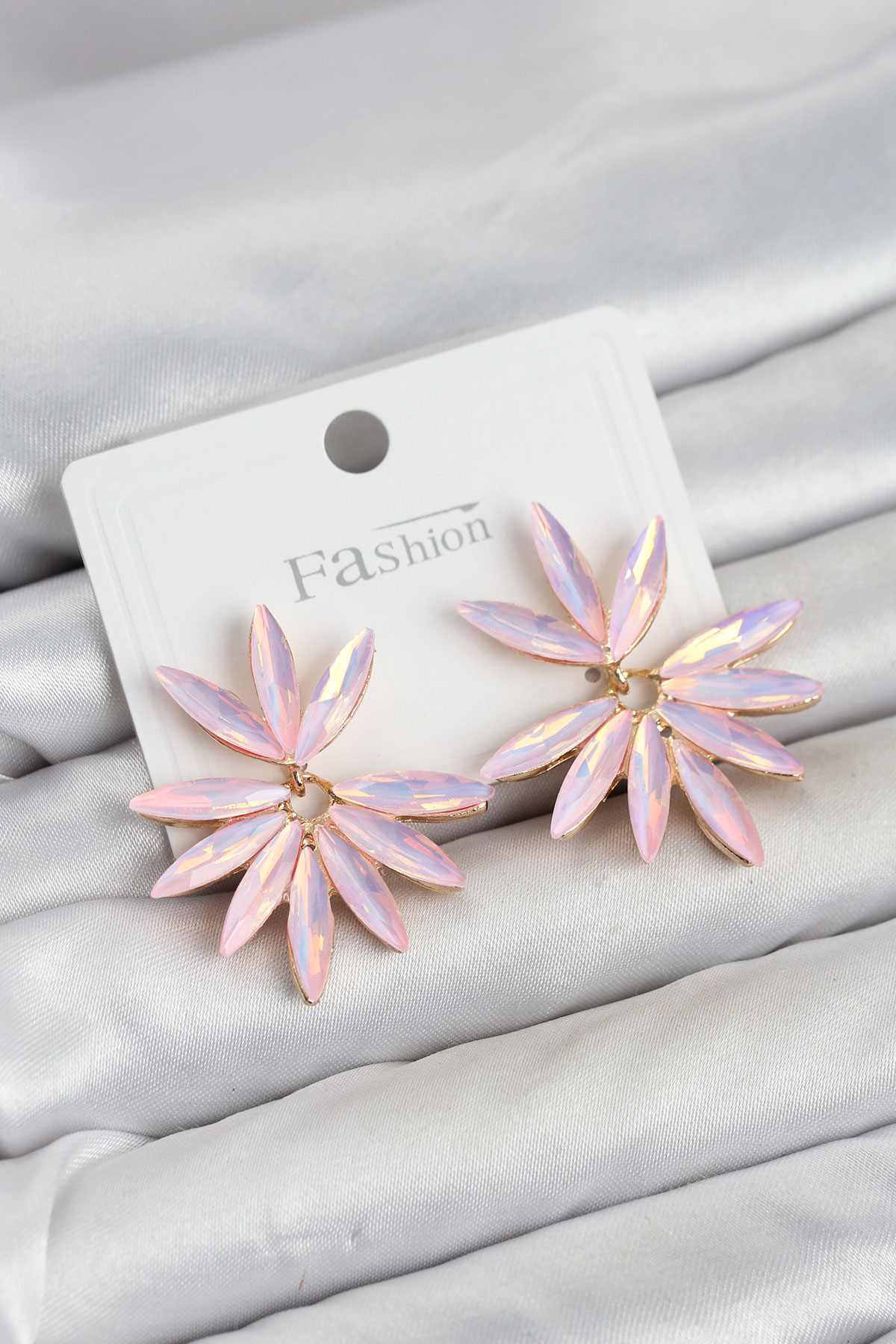 Pembe Renk Kristal Taşlı Lotus Model Kadın Küpe 5886