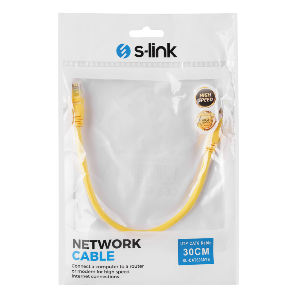S-LINK SL-CAT6030YE CAT6 Patch 30CM Kablo (Sarı)(1923)