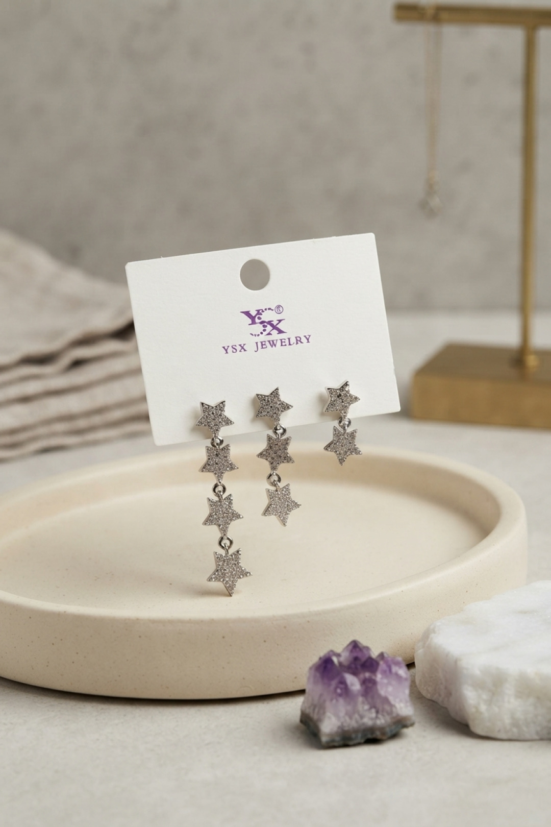 Pirinç Gümüş Renk Zirkon Taşlı Sallantılı Yıldız Model Kadın Küpe Seti 5886