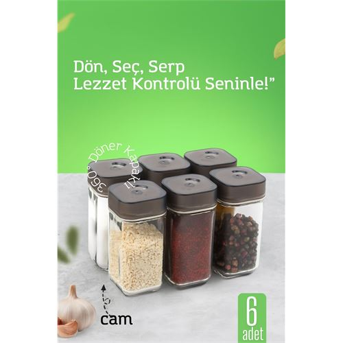 HSNET Cam Tuzluk Baharatlık – 360° Döner Kapaklı | 3 Delik Tipiyle Ayarlanabilir Akış  6 ADET 