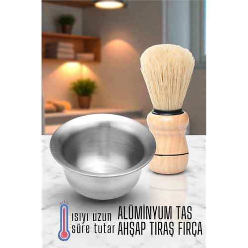 HSNET Alüminyum Tıraş Tası Ahşap Tıraş Fırçası Seti -