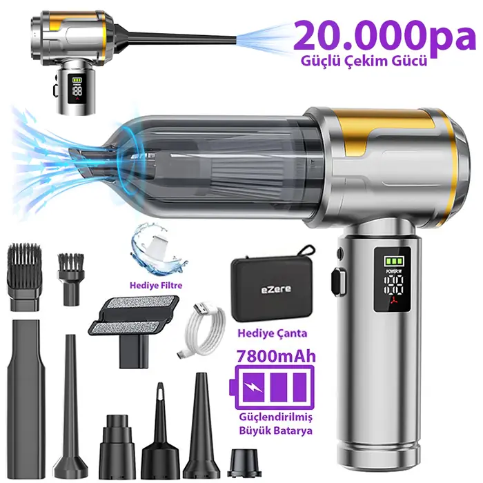 EZERE Nanovac 20000pa Güçlü Portatif Vakumlu Kablosuz Üflemeli Mini Araç Süpürgesi-(5775)