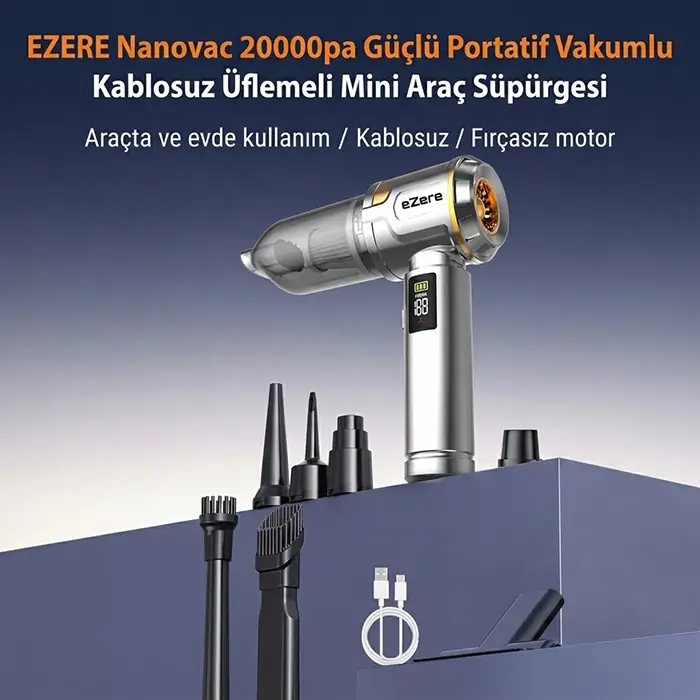 EZERE Nanovac 20000pa Güçlü Portatif Vakumlu Kablosuz Üflemeli Mini Araç Süpürgesi-(5775)