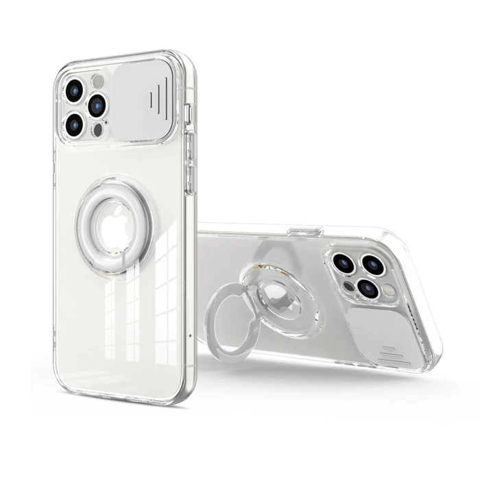 Ally iPhone 13 Pro Max 6.7inç Kılıf Sürgülü Kamera Lens Korumalı Yüzük Standlı Silikon Kılıf-(1903)