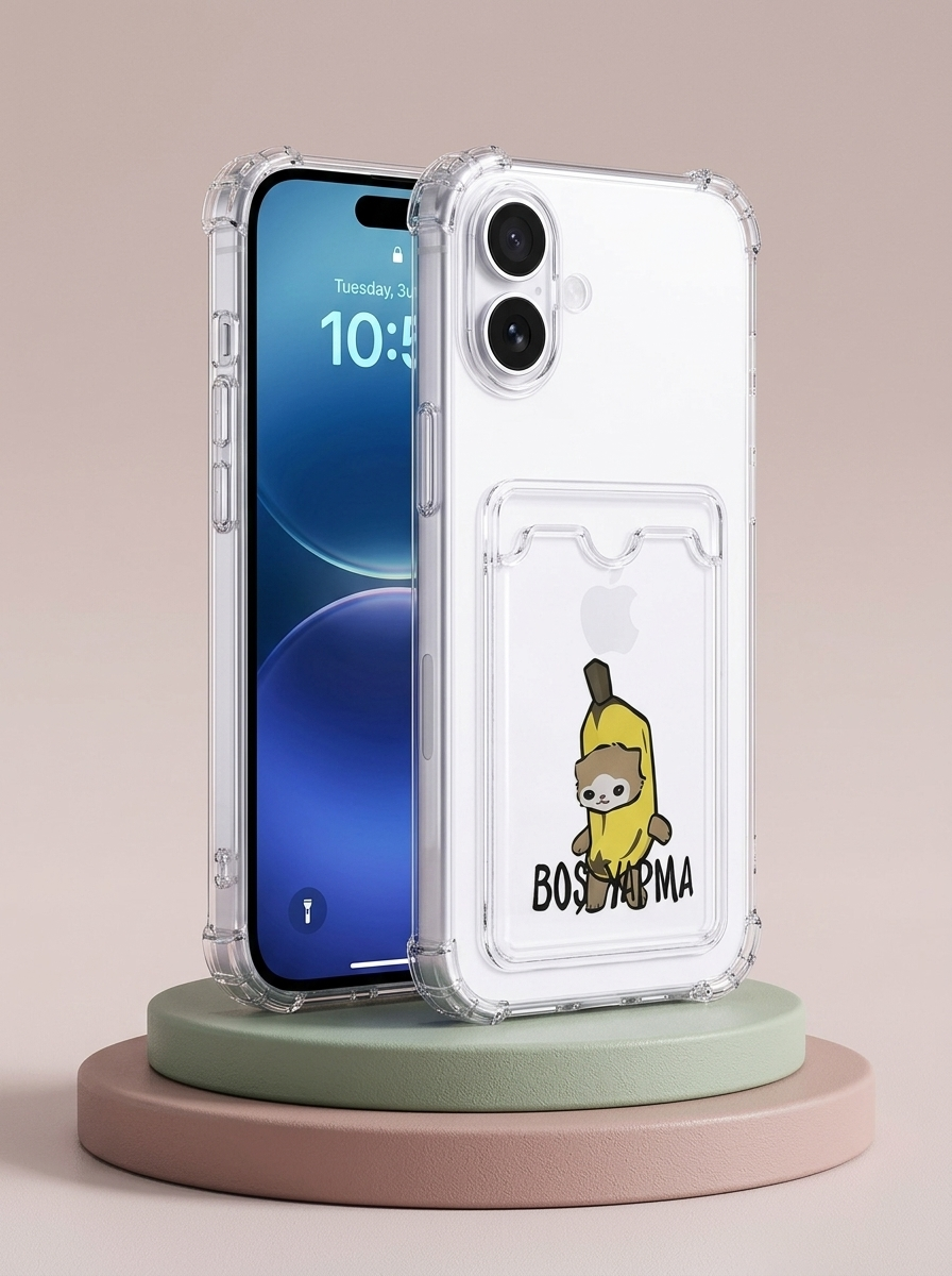 iPhone 16 Boş Yapma Muz Detaylı Kart Bölmeli Şeffaf Telefon Kılıfı