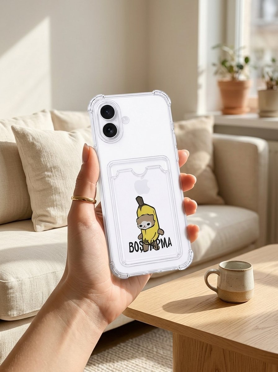 iPhone 16 Boş Yapma Muz Detaylı Kart Bölmeli Şeffaf Telefon Kılıfı