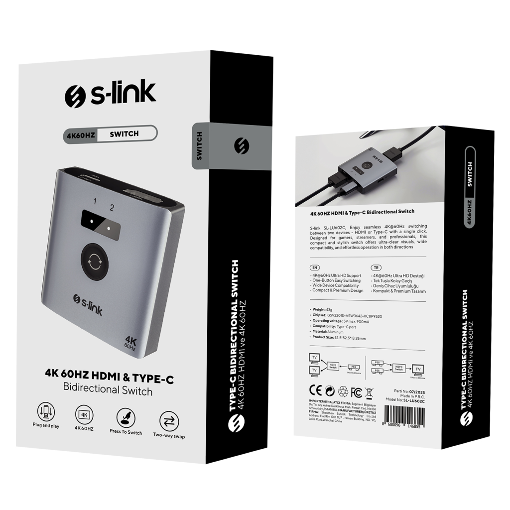 S-LINK SL-LU602C 2xHDMI 1Type-C 4K 60Hz Monitör Çoklayıcı (1PC-2Monitör veya 2PC- 1Monitör) Çift Yönlü Switch(1923) 5