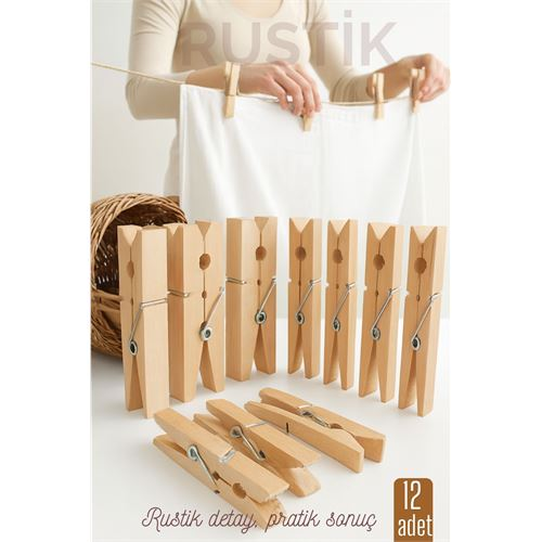 12’li Ahşap Mandal Seti – Doğal Görünümlü, Çok Amaçlı, Dayanıklı Yaylı Tasarım 