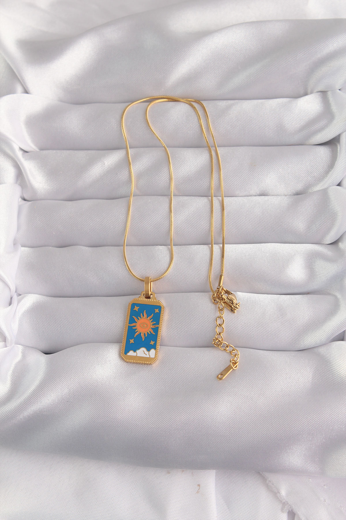 316L Çelik Gold Renk Mavi Mineli Güneş Model Tarot Kolye 5886
