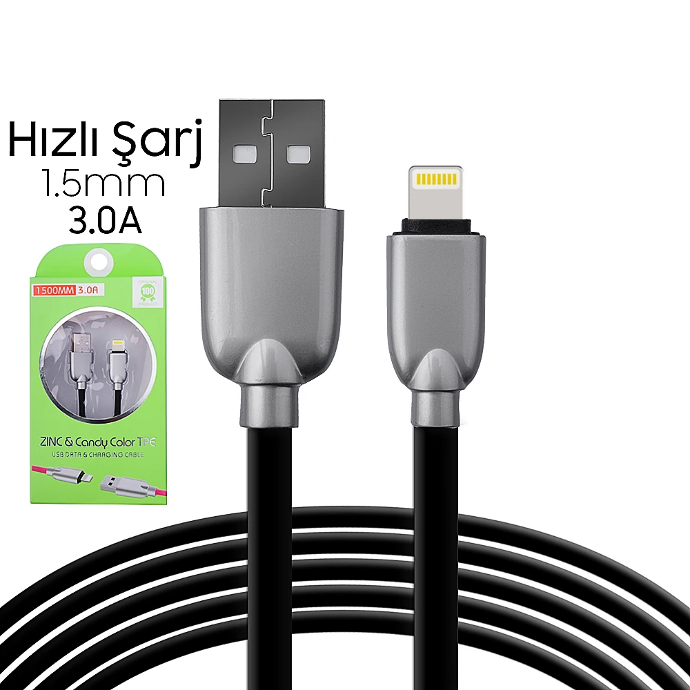 Ally İphone,5s,6s,7,8,8 Plus Zinc Alloy Dayanıklı 3.0a 1.5mm Usb Kablo-(1903)