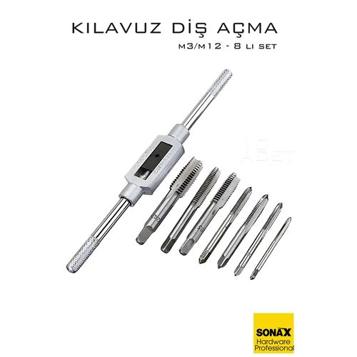 8 li Diş Açma Kılavuz Seti –Endüstriyel Çelik, M3-M12 Arası Dişli Matkap Ucu 