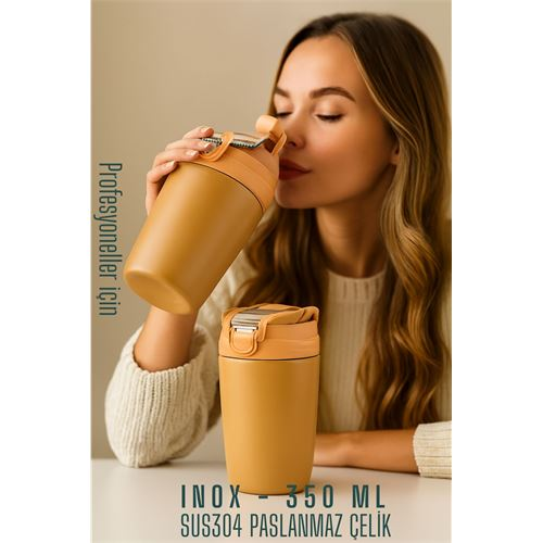 HSNET Inox Çelik Kahve Bardağı - 350 ml  SUS304 Çelik Termos Profesyonel LATTE 