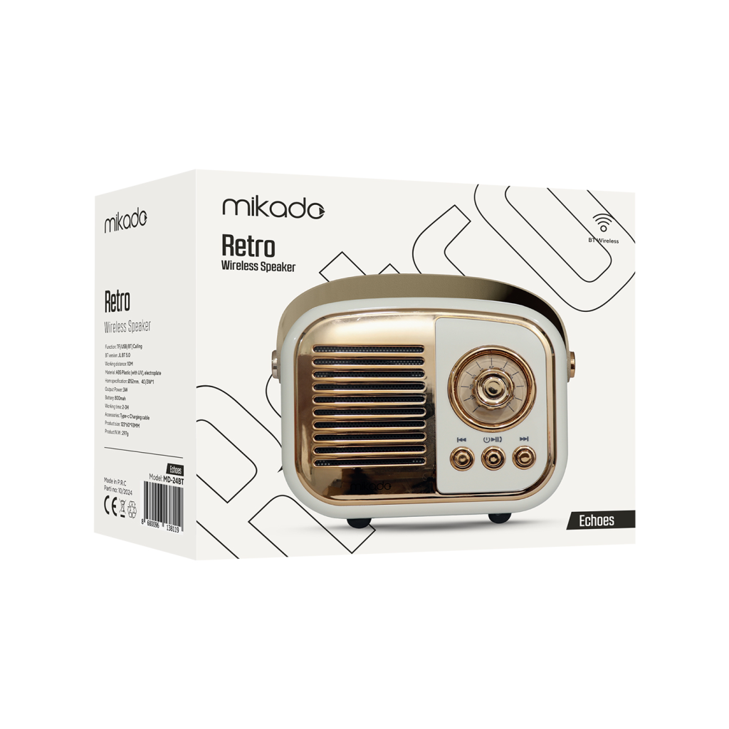 MIKADO MD-24BT Echoes Beyaz 3W Taşınabilir USB/TF Kart/Bluetooth 800mAh Klasik Retro Müzik Kutusu(1923) 5