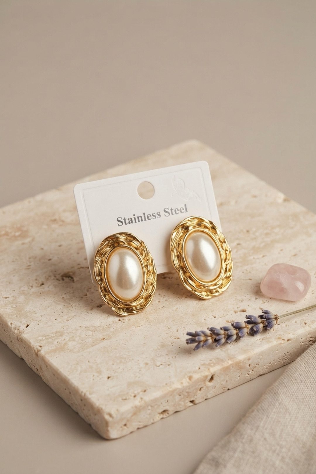 316L Gold Renk Gold Renk Vintage Beyaz İncili Model Küpe 5886