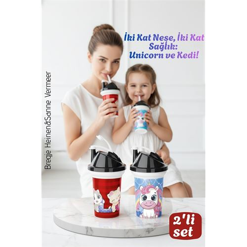 Çocuk Pipetli Bardak Seti 2'li Unicorn & Kedi Figürlü İkili Eğlenceli Kapaklı Suluk Matara 300 ml 
