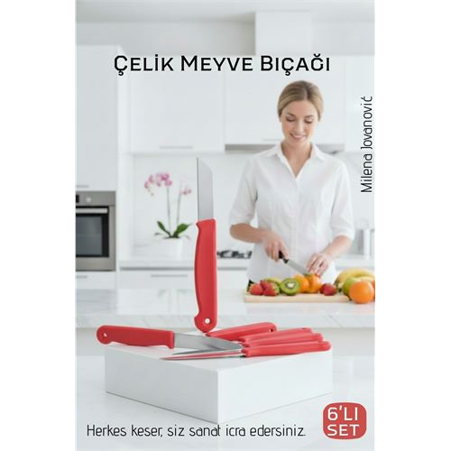 6'lı Premium Paslanmaz Çelik Meyve Bıçağı Seti - Kırmızı Saplı Keskin Soyma Bıçağı Takımı 