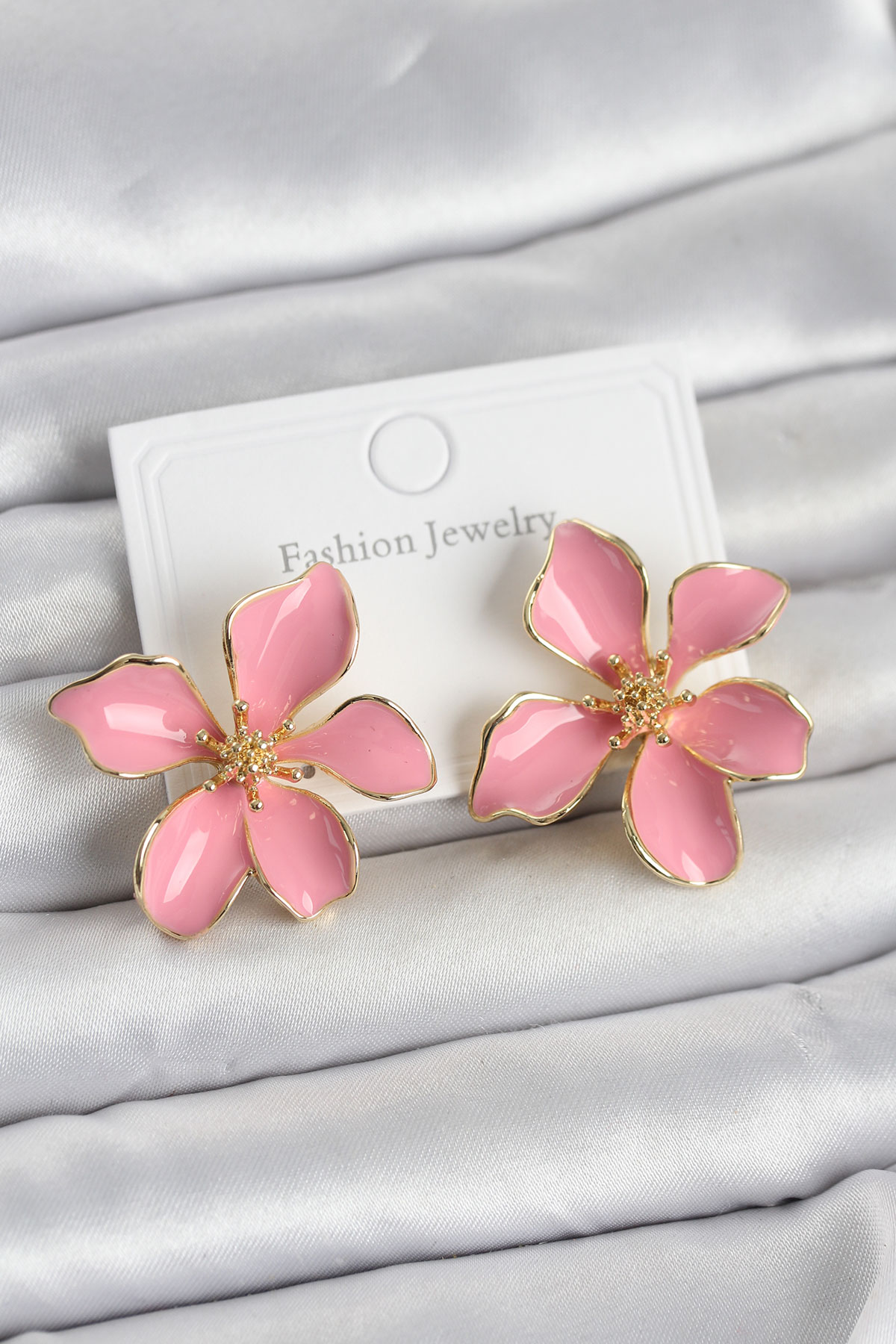 Pembe Mineli Çiçek Model Pirinç Kadın Küpe 5886