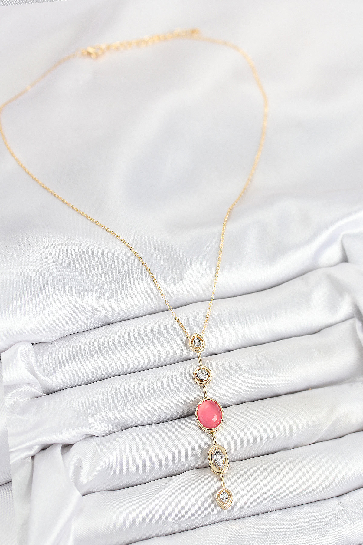 Pirinç Zincir Pembe Gold Renk Zirkon Taşlı Y Kolye 5886