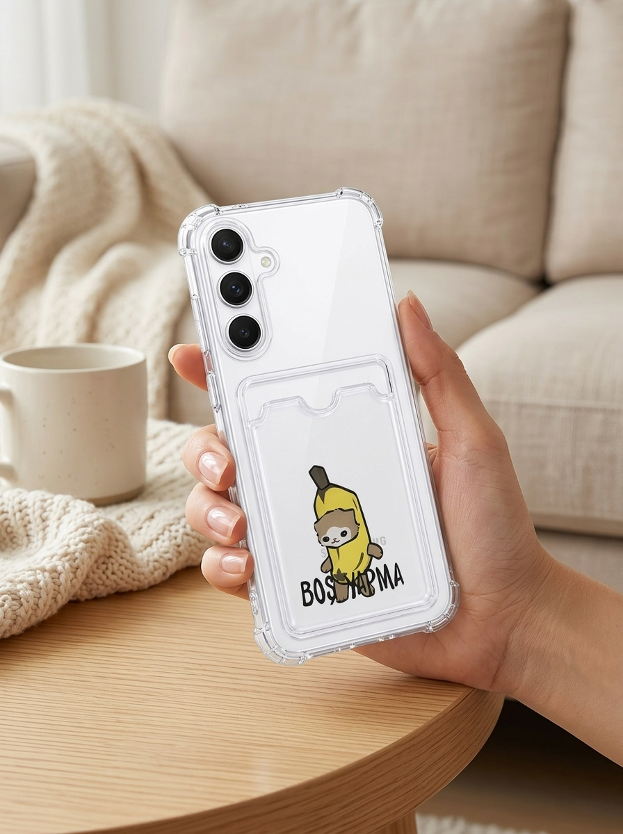 Samsung Galaxy S24 FE Boş Yapma Muz Detaylı Kart Bölmeli Şeffaf Telefon Kılıfı