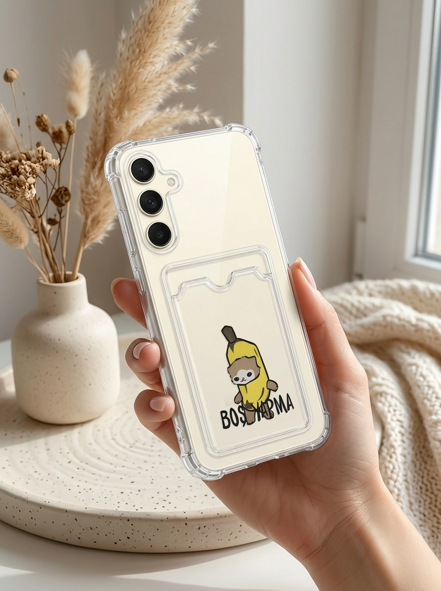 Samsung Galaxy S24 FE Boş Yapma Muz Detaylı Kart Bölmeli Şeffaf Telefon Kılıfı