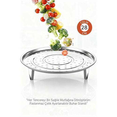 Inox Çelik Ayaklı Buharlı Pişirme Aparatı - 28 cm Çok Amaçlı Tencere İçi Haşlama Standı 