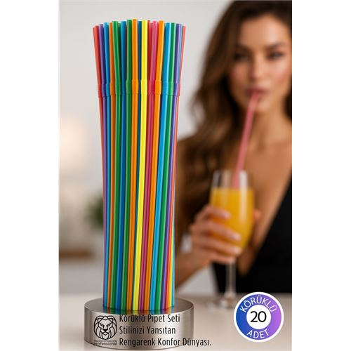 Gökkuşağı Serisi: 20’li Esnek Körüklü Lüx İçecek Pipeti – 22 cm Premium Sunum Seti 