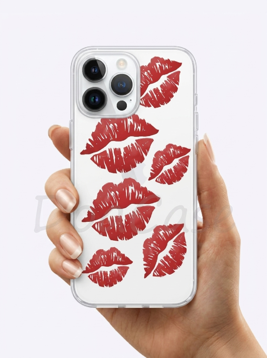 İphone 16 Pro Max Kırmızı Dudak / Öpücük Desenli Şeffaf Telefon Kılıfı