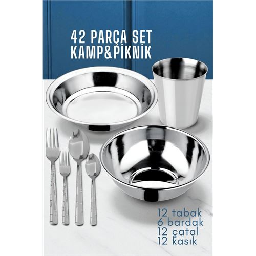 HSNET 42 Parça Tabak Kase Bardak Çatla Kaşık Seti Kamp Piknik Seti  