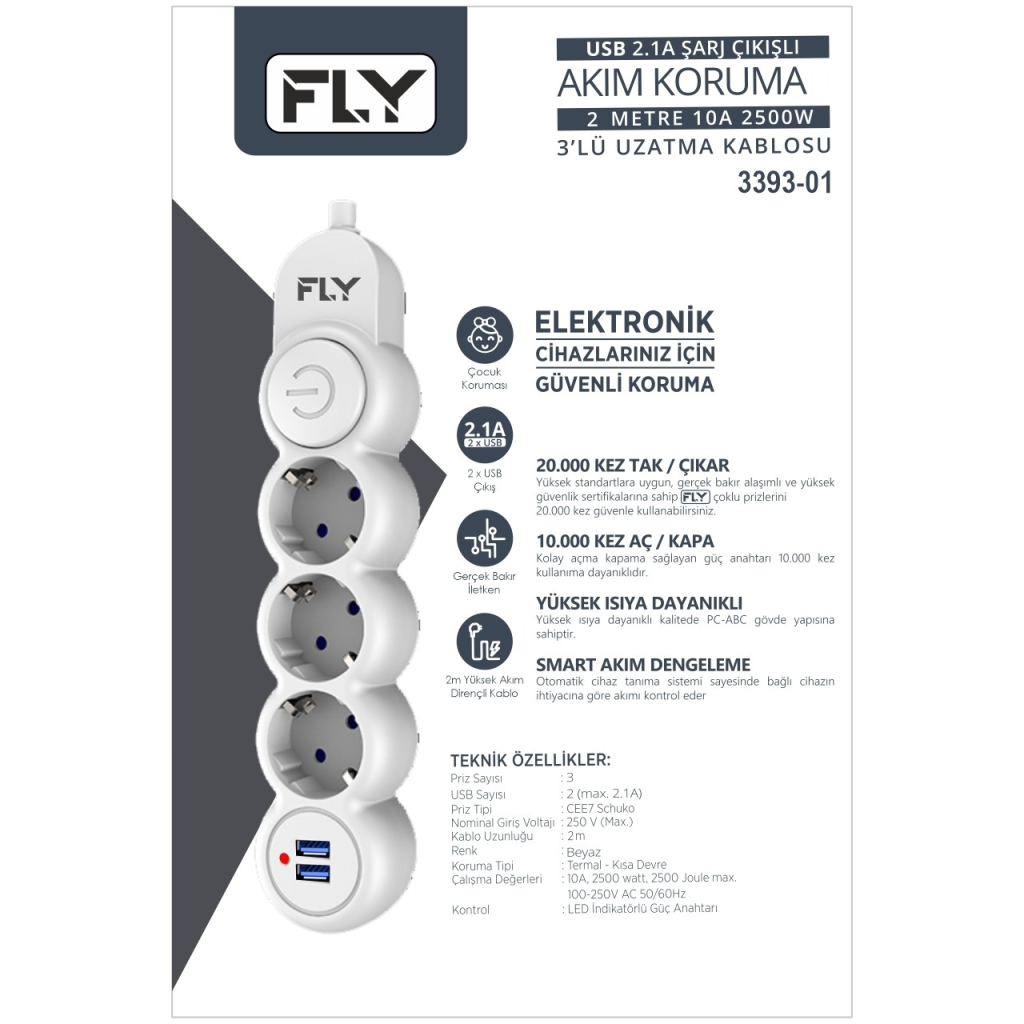 FLY 3393-01 3 Soket 2 USB Akım Korumalı Priz 2.1A Anahtarlı 2Mt Kablo (Beyaz)(1923) 3