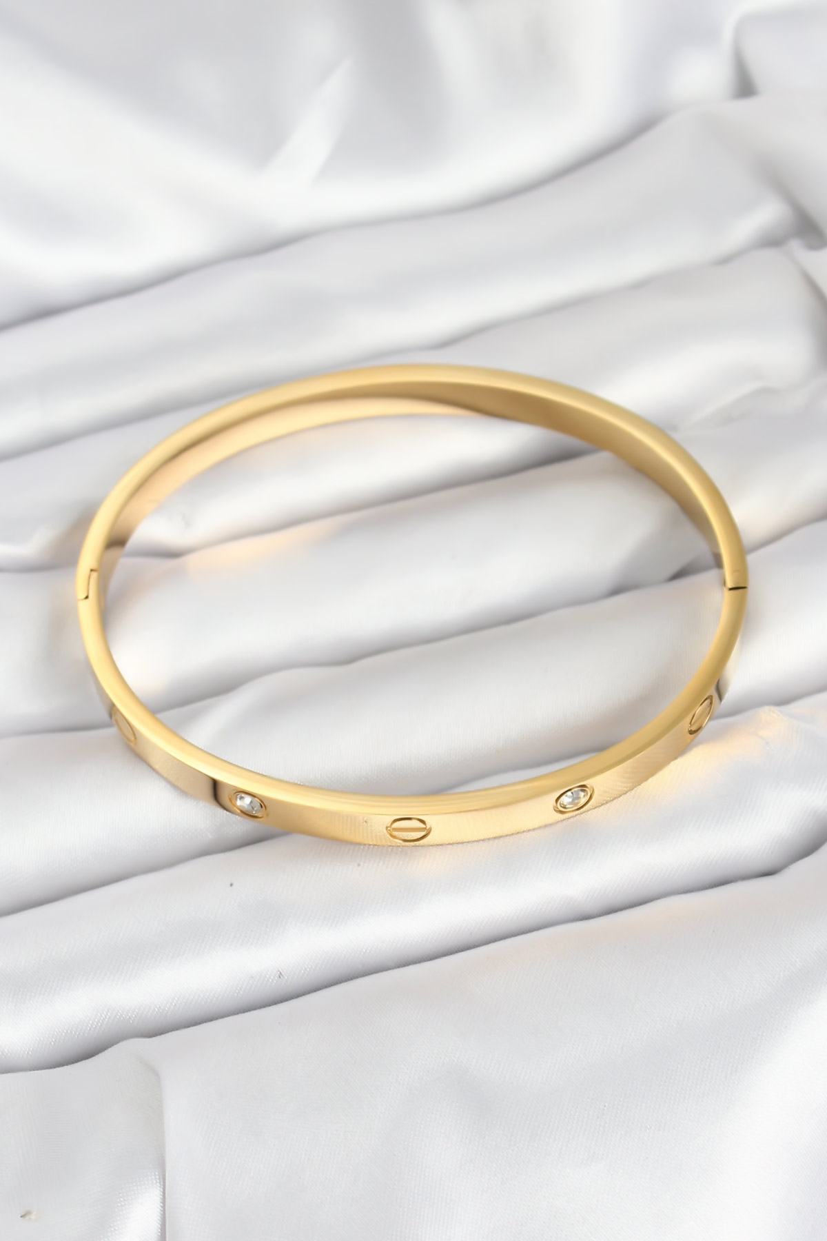316L Çelik Gold Renk Zirkon Taşlı 65 mm Kadın Kelepçe Bileklik 5886