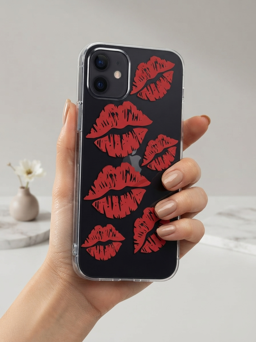 iPhone 12 Kırmızı Dudak / Öpücük Desenli Şeffaf Telefon Kılıfı