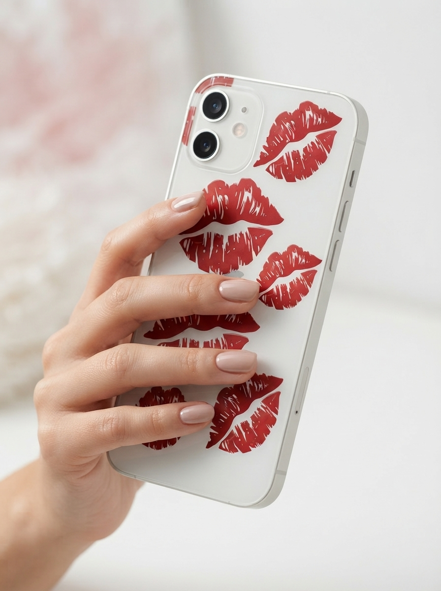 iPhone 12 Kırmızı Dudak / Öpücük Desenli Şeffaf Telefon Kılıfı