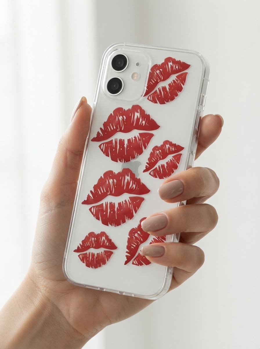 iPhone 12 Kırmızı Dudak / Öpücük Desenli Şeffaf Telefon Kılıfı