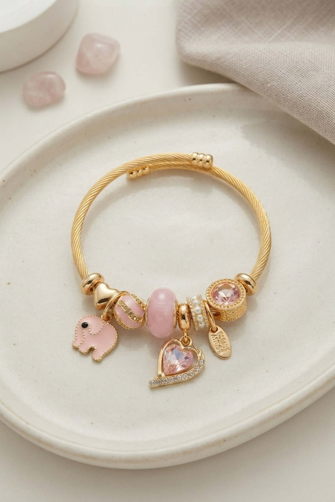 Kalp ve Fil Model Pembe Charmlı Bileklik 5886