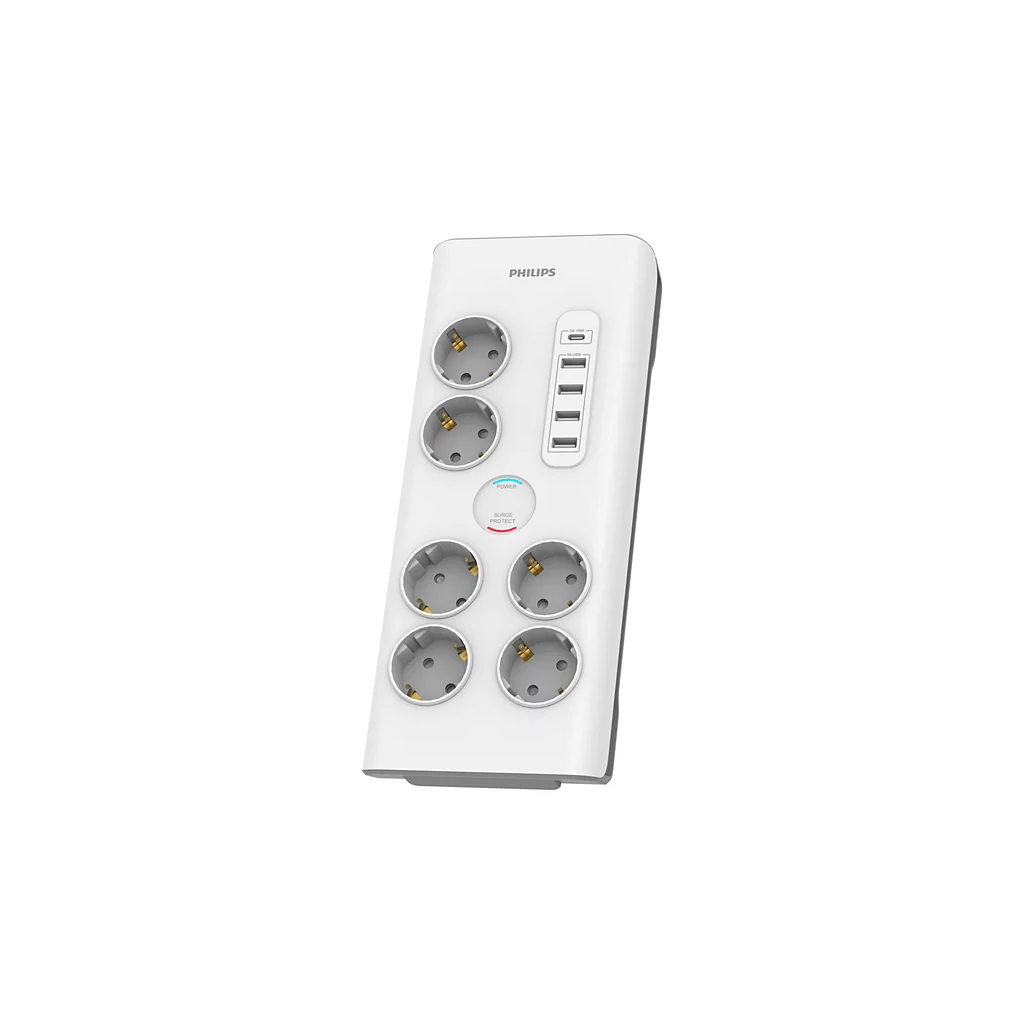 PHILIPS SPN7060WA/62 6 Soket Akım Korumalı Priz 900 Joules 2Mt Kablo 1xUsb-C 15W Şarj 4xUsb-A 20W (Beyaz)(1923)
