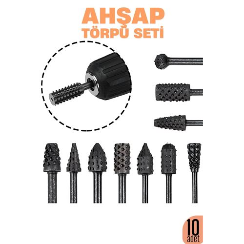 Ahşap Oyma Törpü Seti – 10'lu Matkap Ucuna Şekillendirme Takımı 