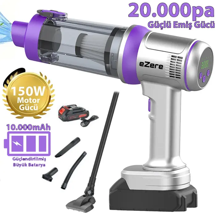 Ezere Powerstorm Kablosuz El Süpürgesi 20000Pa Çekim Gücü, 3 Kademeli, HEPA Filtre, 21V 2.0Ah Batarya-(1903)