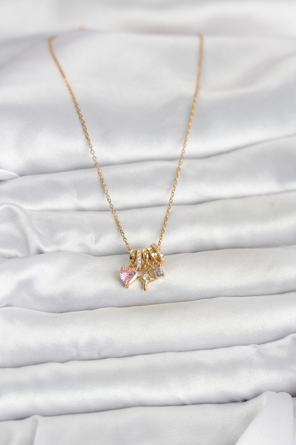 316L Çelik Gold Pembe Zirkon Taşlı Charmlı Kadın Kolye 5886