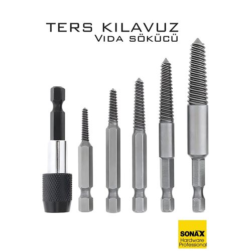 Bits Uzatmalı Ters Kılavuz 6 lı Set Saf Çelik Kırık Civata Vida Sökücü  