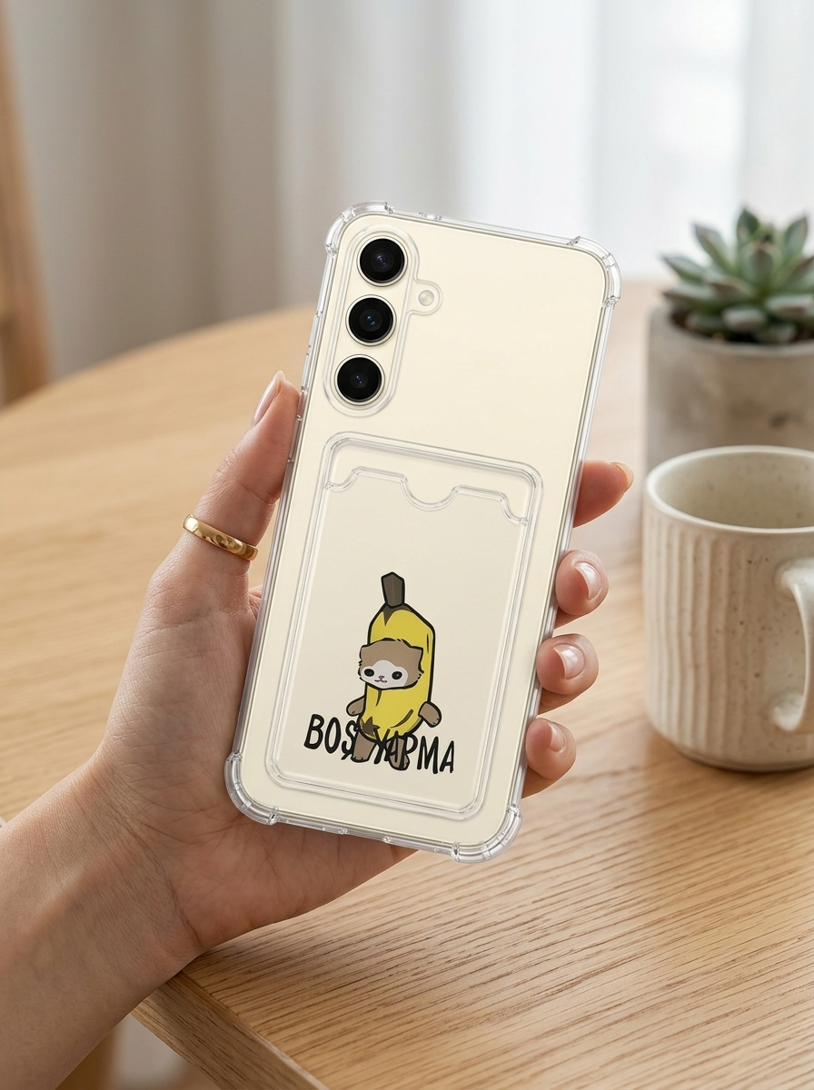 Samsung Galaxy S24 Boş Yapma Muz Detaylı Kart Bölmeli Şeffaf Telefon Kılıfı
